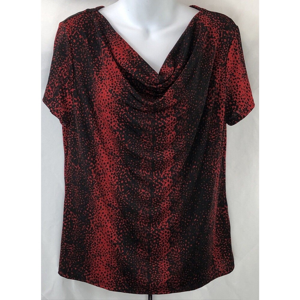 Jaclyn Smith drape Cowl neck top L Red Blk Geo Animal Shortsleeve stretch retro